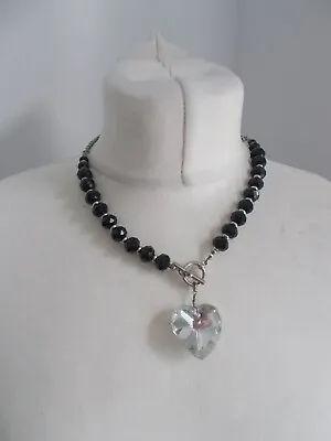 Buy Costume Jewellery Statement Necklace Silver Tone Black Beaded Clear Heart T Bar • 7.88£