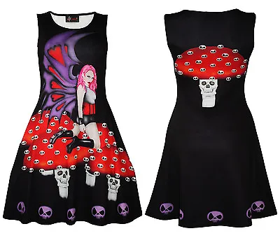 Buy Women's Unique Gothic Dark Fairy Skulls Halloween Sleeveless Skater Dress Goth • 27.99£