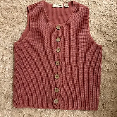 Buy Vintage Orvis Sweater Vest Medium Pink Rose CottonKnit Sleeveless Cardigan Large • 39.95£