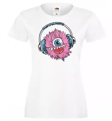 Buy Ladies White One Eyed Pink Music Headphones Monster T-Shirt • 12.95£