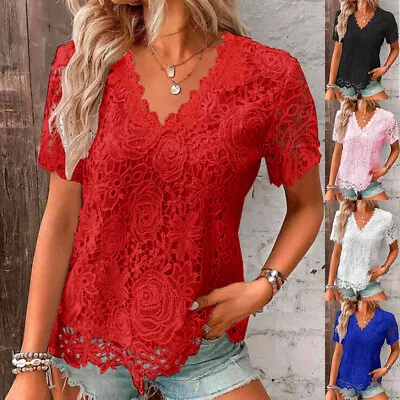 Buy Ladies Lace V Neck Blouse Shirts Short Sleeve Summer Tops Casual T-shirt Size 24 • 10.79£
