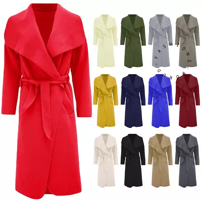 Buy Womens Belted Duster Jacket Ladies Waterfall Italian Trench Drape Long Coat UK • 16.36£