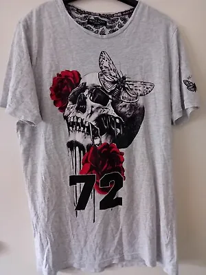 Buy Official Brave Soul T-shirt - Grey, Size Large - Skull With Moth And Roses • 8.95£