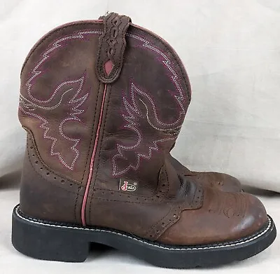 Buy Womens Justin Gypsy 9 B Cowgirl Boots Brown With Pink Accents L9903 Leather • 22.80£