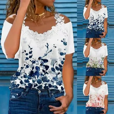 Buy Womens Summer Cold Shoulder T-Shirt Ladies V-Neck Casual Loose Blouse Tunic Tops • 1.69£