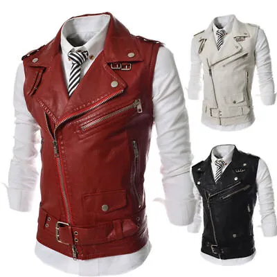 Buy Men's Casual Motorcycle PU Leather Vest Tops Punk Jackets Sleeveless Waistcoat • 39.22£