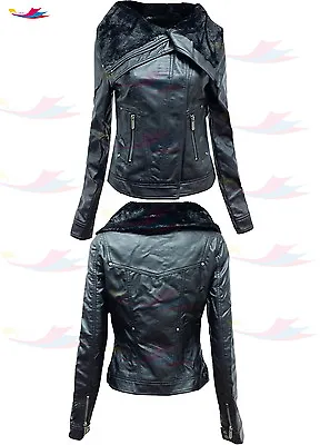 Buy Womens Ladies Black Faux PU Fur Leather Zipped Biker Jacket Lot Size 8-16 • 1.99£