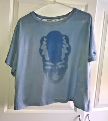 Buy Champion Halloween Bride Of Frankenstein Crop T-Shirt Blue Large Bleached Dye • 17.10£