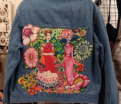 Buy Women's Upcycled Denim Jacket - Embellished Frida Kahlo Fabrics - Size Medium • 67.45£