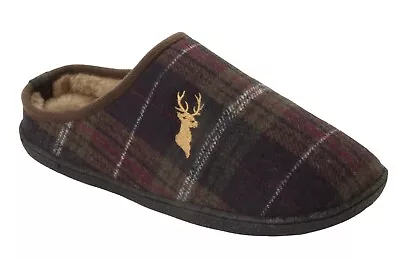 Buy Mens Tartan Check Stag Motif Slippers Faux Fur Comfy Padded Mule Slippers Size • 19.99£