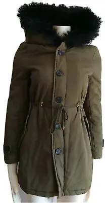 Buy Pretty Little Thing Green Women Quilt Lined Parka Jacket Faux Fur Hood Coat Uk 8 • 17.99£