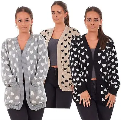 Buy New Ladies Heart Knitted Cardigan Pockets Long Sleeve Regular Big Sizes S To 3XL • 13.95£