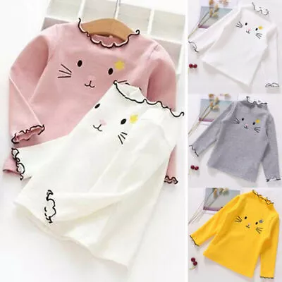 Buy Kids Girl Cute Cat Print Long Sleeve Frill T-Shirts Tops Casual Pullover Blouse • 9.24£