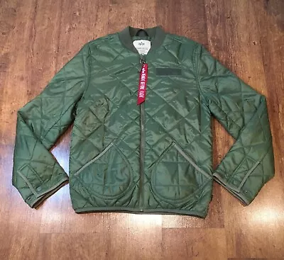 Buy Alpha Industries Green Quilted Bomber Jacket Orange Lining Size Medium M In VGC • 54.99£