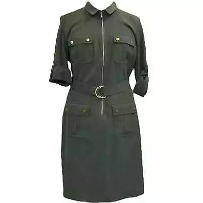 Buy Sharagano Zip Front Olive Green Military Cargo Dress Size 12 • 15.36£