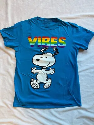 Buy Peanuts Snoopy Good Vibes Rainbow Pride Blue T-shirt Unisex Size M • 9.64£