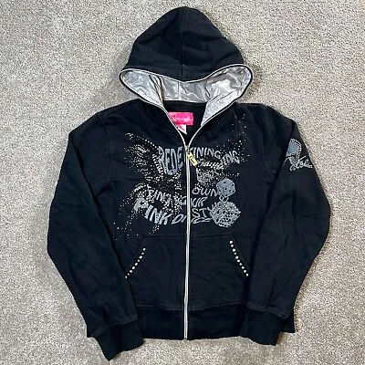 Buy Vintage Y2K Pink Dice Full Zip Up Hoodie Sz XL Juniors Black Sweatshirt RARE • 35.04£