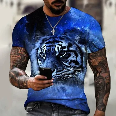 Buy Men Tiger Print Tops T-Shirts Short Sleeve ActiveWear Sports Summer Casual Tees • 16.69£
