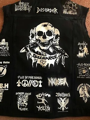 Buy Anarcho Crust Punk Battle Jacket Cut Off Patch Denim Vest Hardcore Crossover L • 186.66£
