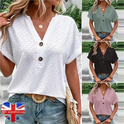 Buy Womens V-Neck Tops Summer Short Sleeve Blouse Casual Loose Tee T Shirt Plus Size • 8.98£
