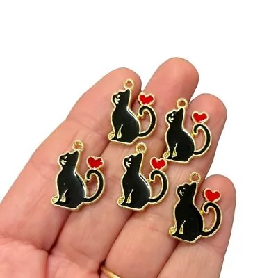 Buy 10 Pcs Black Lucky Cat With Heart Charm, Jewellery Making, Crafting , CH34 • 2.99£