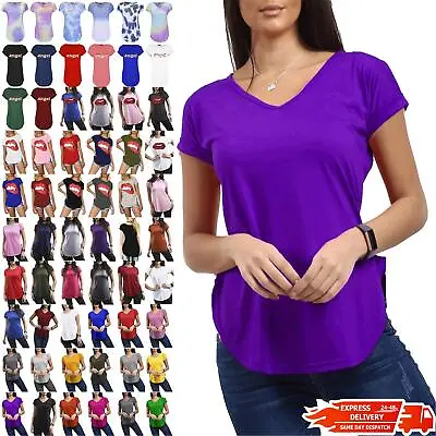 Buy Womens Ladies Plain Stretchy V Neck Turn Up Sleeve Curved Hem Jersey T Shirt Top • 3.49£