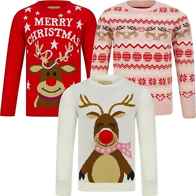 Buy Childrens Kids Girls Christmas Novelty Jumper Rudolph Fair Isle Xmas Sweater Top • 11.95£