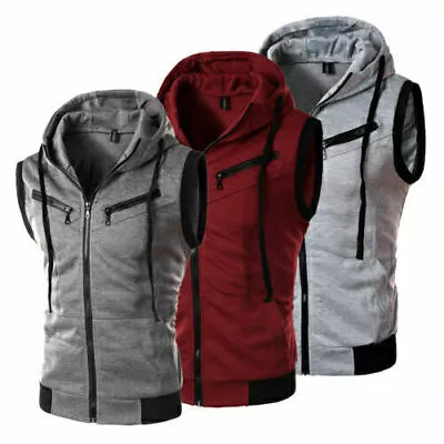 Buy Man Sleeveless Hoodie Hooded Sweatshirt Zip Up Vest Jacket Casual Waistcoat Top- • 18.20£