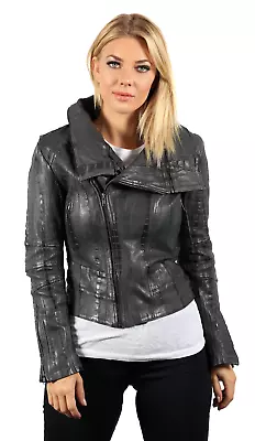 Buy Ladies Short Retro Grey Croc Removable Collar 100% Leather Biker Jacket  • 107.99£
