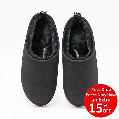 Buy M&S Womens Slippers Black Felt Faux Fur Lined Mule Slip On Comfort Vegan Warm • 14.36£