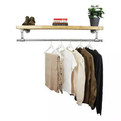 Buy Industrial Clothes Rail Silver Steel Pipe & Solid Wood Shelf - Tee Fitting Style • 241.95£