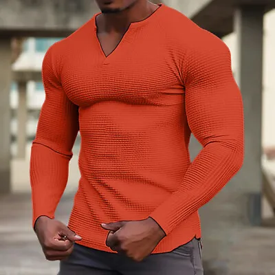 Buy Mens V Neck Long Sleeve Ribbed T-shirt Solid Stretch Pullover Muscle Tops 36-46 • 14.69£