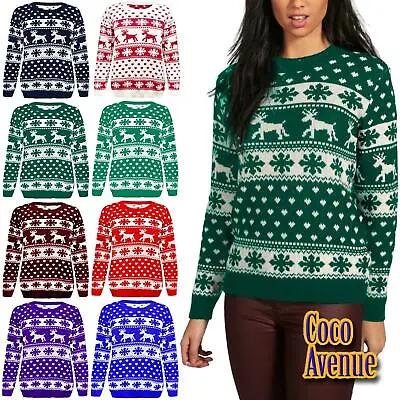 Buy Ladies Snowflake Reindeer Christmas Jumper Womens Novelty Winter Xmas Sweater • 13.22£