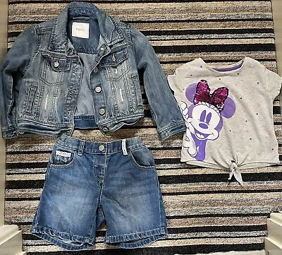 Buy Girls Next Denim Jacket, Shorts  & Minnie Mouse Tshirt Excellent Condition Age 4 • 4.50£