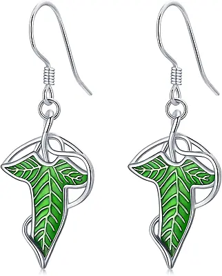 Buy Lord Of The Rings Jewelry 925 Sterling Silver Elven Green Leaf Drop Earrings Lor • 97.32£