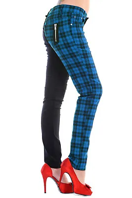 Buy Blue Tartan Check Black Split Legs Skinny Stretch Rock Trousers BANNED Apparel • 35.99£