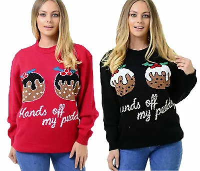 Buy Women's  HANDS OFF MY PUDDINGS   Xmas Christmas Jumper  8-14 • 15.99£
