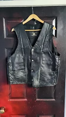 Buy Vintage Mens Black Leather Biker Waistcoat Sleeveless Jacket Size Large L • 20£