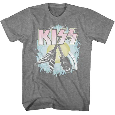 Buy Kiss Axe & Zebra Striped Guitars Flames Men's T Shirt Rock Music Band Merch • 40.90£