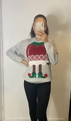 Buy Grey Christmas Elf Jumper Size Small Knitted Red Green Bells Womens Festive • 8£