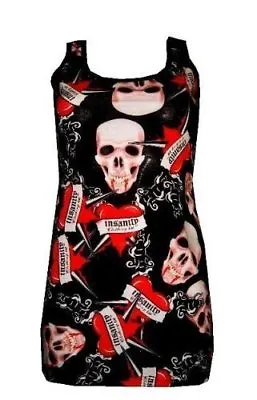 Buy New Girls / Ladies Skulls Heart Tattoo Print Long Vest Tank Top Goth Punk  Emo • 21.99£