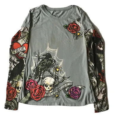 Buy NEVERMORE Girls Size Medium (7-9) Grey Shirt Black Crow Skull Roses Spider Web * • 2.51£