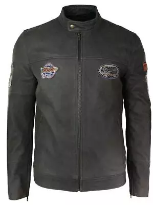 Buy Mens Vintage Brown Leather Racer Badge Biker Jacket Washed Distressed Slim Fit • 104.49£