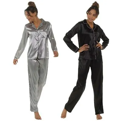 Buy Button Satin Pyjamas Ladies Traditional Shiny Tailored Pyjama Set Nightwear • 20.99£