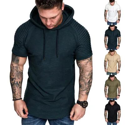 Buy Men Short Sleeve Hooded Slim T-Shirt Hoodie Summer Casual Pleated Gym Sport Tops • 8.75£