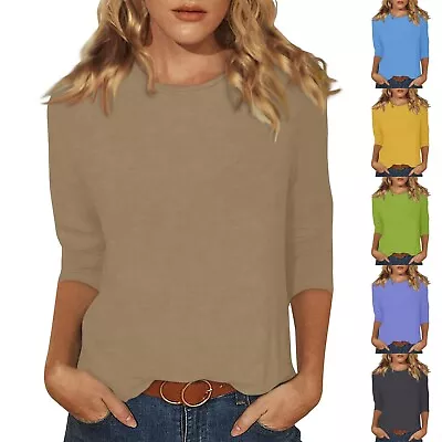 Buy Women's Fashion Casual Three Quarter Sleeve T-Shirt Solid Color O-Neck Tops US. • 12.19£