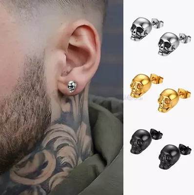Buy Men Women Skeleton Skull Head Stud Punk Earrings Surgical Steel Fashion Jewelry • 3.99£