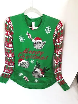 Buy Ugly Christmas Sweater Meowy Christmas Cats Snowflakes No Boundaries Sz L 11-13 • 10.44£