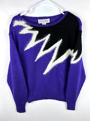 Buy Vintage Sweater Private Party Womens Large Kiss Band Purple Black Angora Blend • 33.25£
