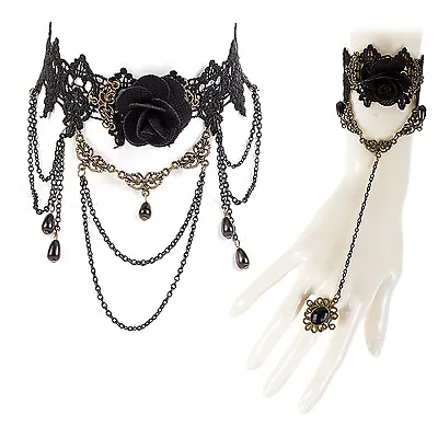Buy Womens Steampunk Costume Bracelet & Necklace Set Goth Jewellery - Black Flower • 7.99£